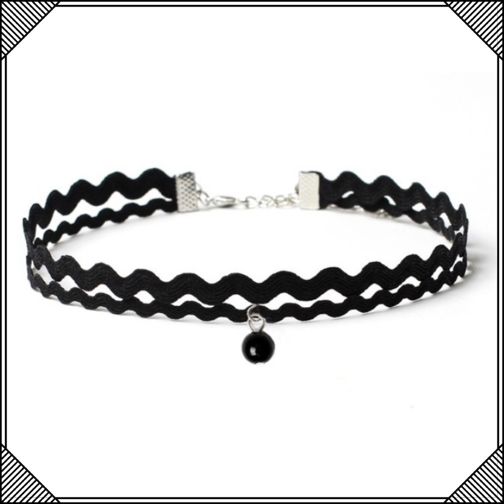 * Black Double Choker Necklace Black Bead * Cute